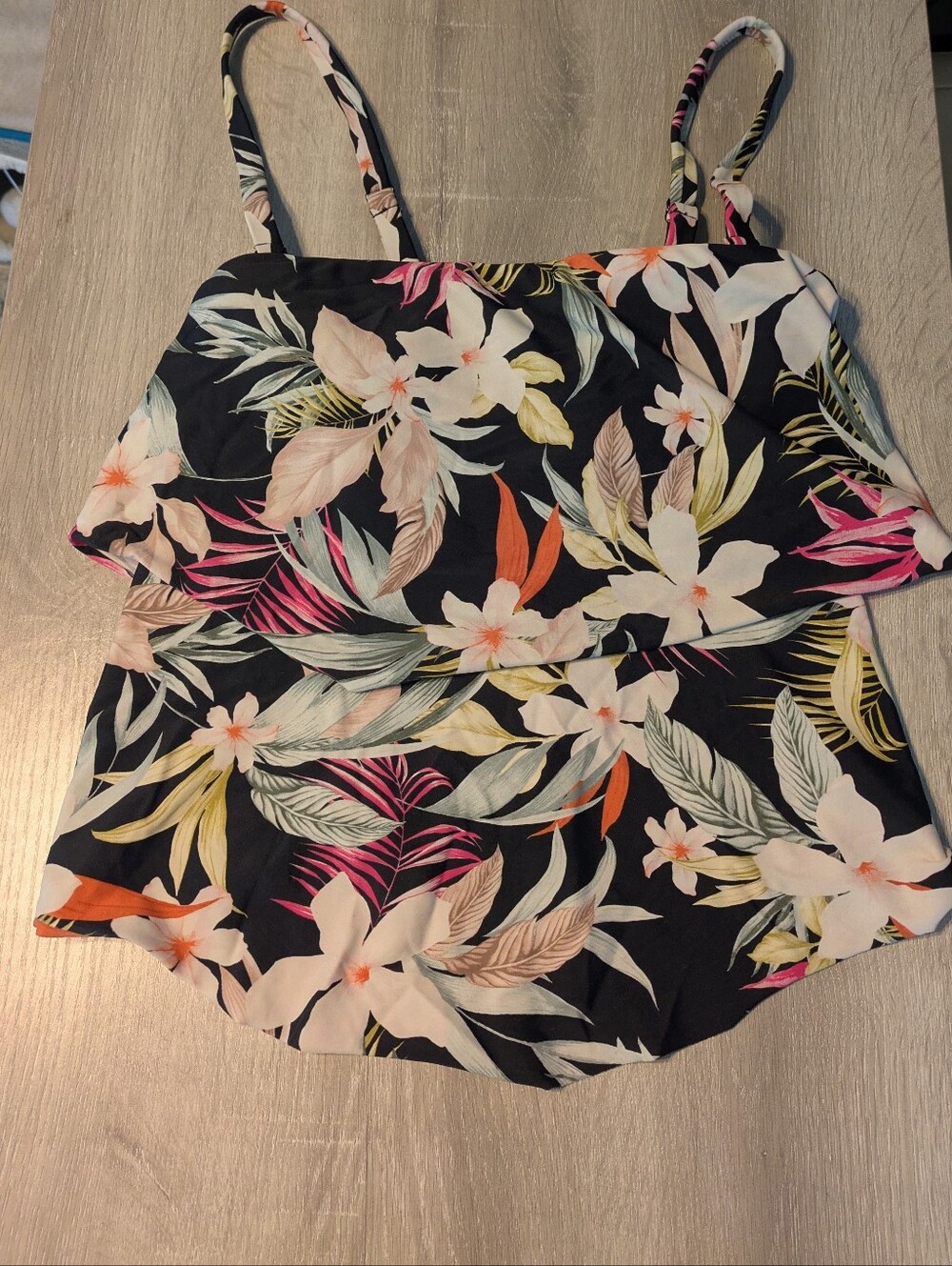 Kona Sol Floral Ruffle Tankini Top in Black with Pink & Orange Accents
